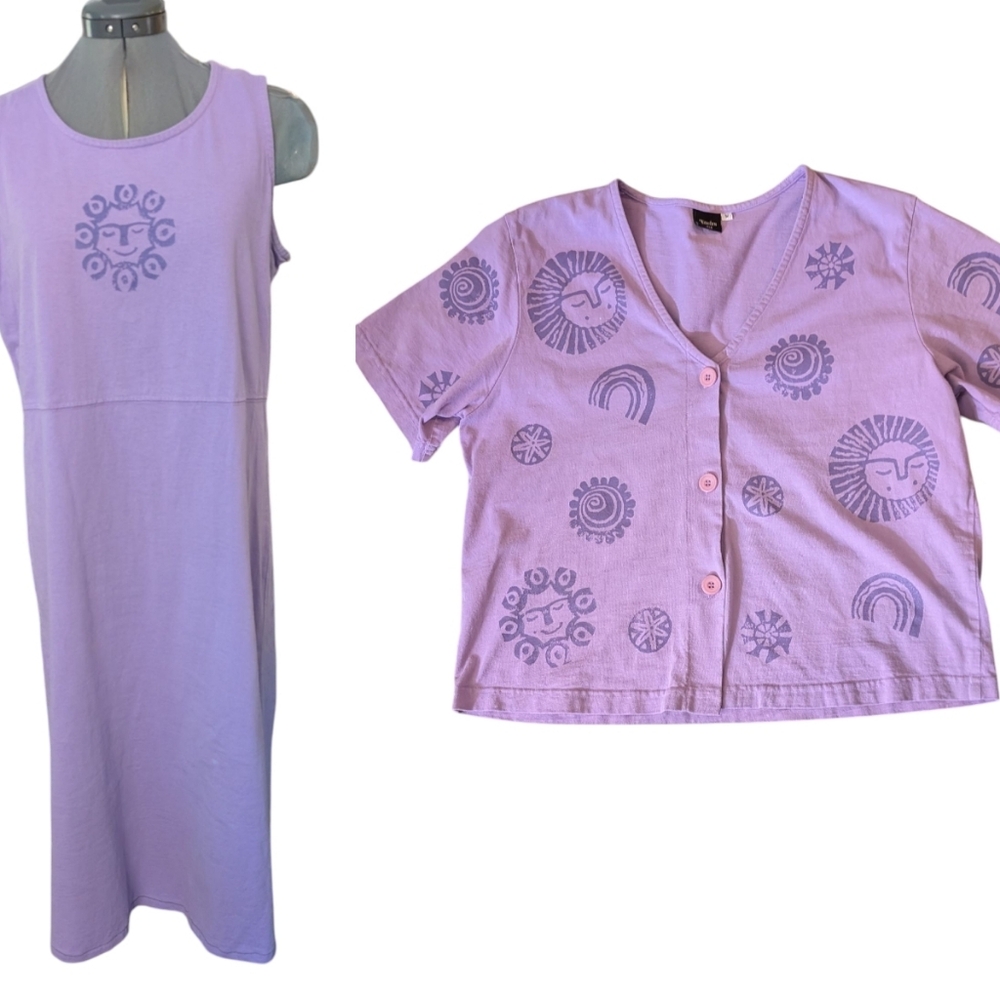 Vintage Women's Focus Purple Celestial Rainbow Cotton Maxi Dress Jacket Set